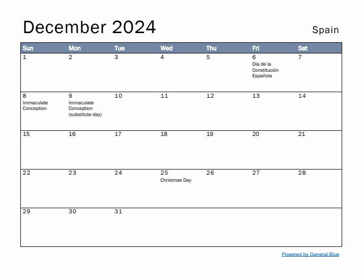 December 2024 Simple Monthly Calendar for Spain