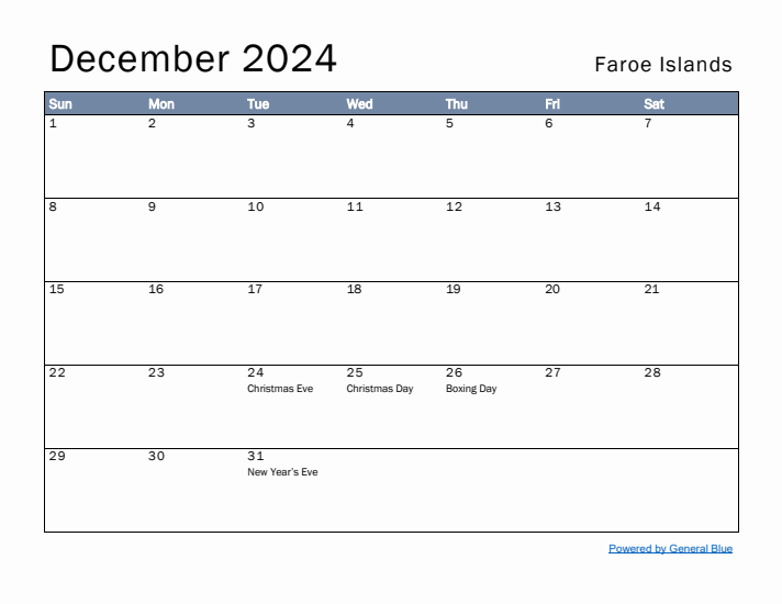 December 2024 Simple Monthly Calendar for Faroe Islands