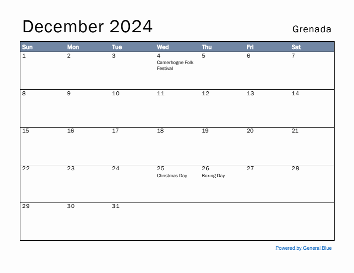 December 2024 Simple Monthly Calendar for Grenada