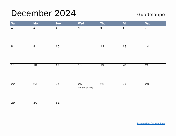 December 2024 Simple Monthly Calendar for Guadeloupe