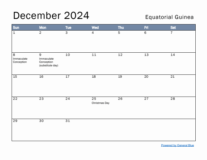 December 2024 Simple Monthly Calendar for Equatorial Guinea