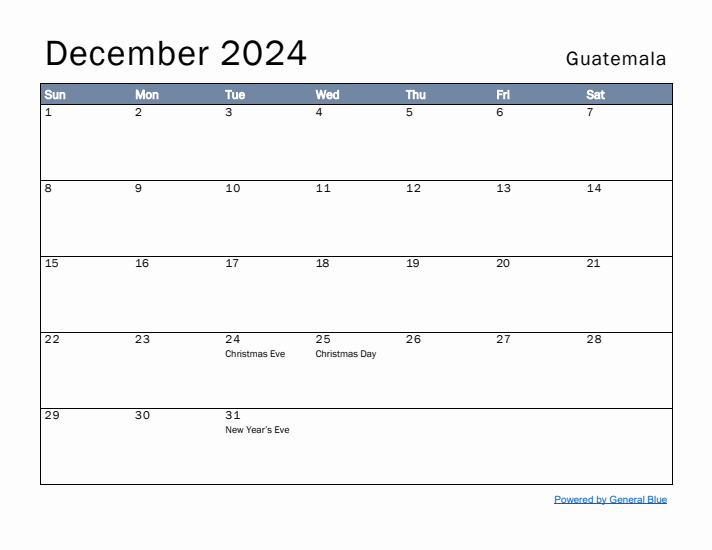 December 2024 Simple Monthly Calendar for Guatemala