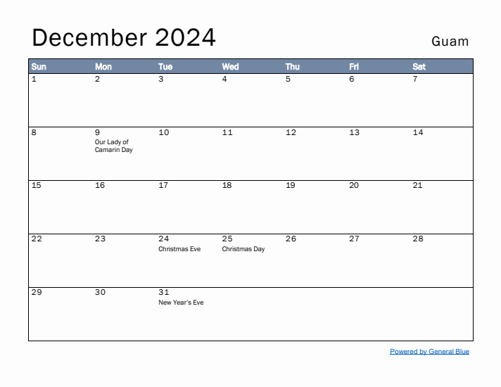 December 2024 Simple Monthly Calendar for Guam