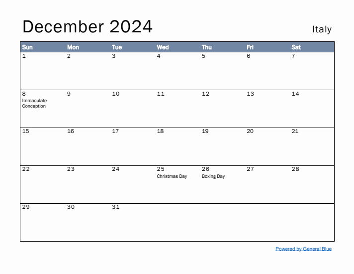 December 2024 Simple Monthly Calendar for Italy