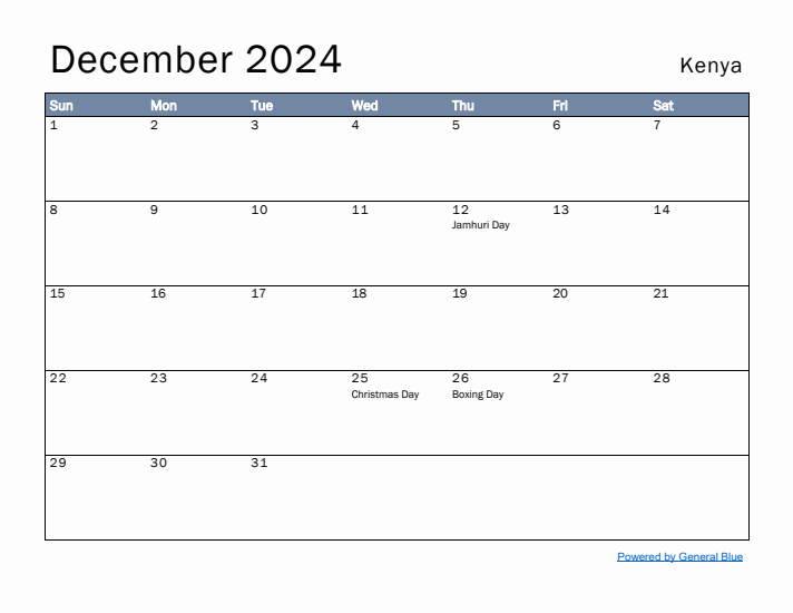 December 2024 Simple Monthly Calendar for Kenya