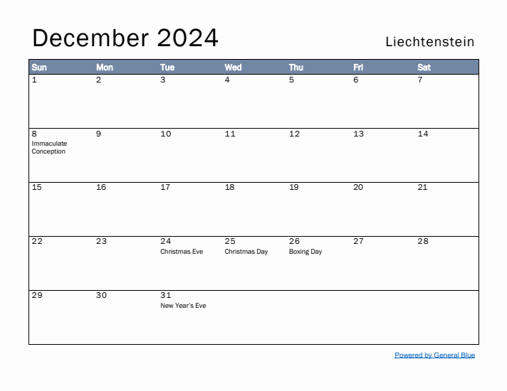 December 2024 Simple Monthly Calendar for Liechtenstein