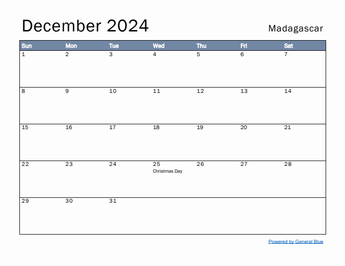 December 2024 Simple Monthly Calendar for Madagascar