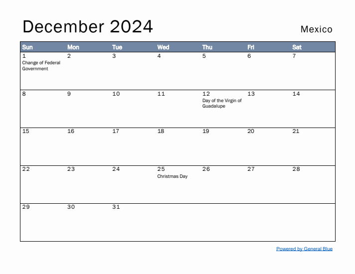 December 2024 Simple Monthly Calendar for Mexico