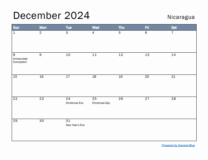 December 2024 Simple Monthly Calendar for Nicaragua