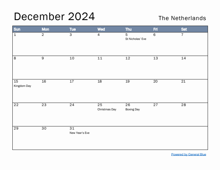 December 2024 Simple Monthly Calendar for The Netherlands