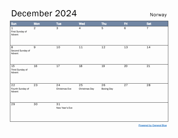 December 2024 Simple Monthly Calendar for Norway