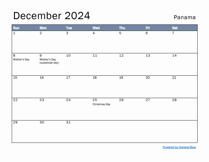 December 2024 Simple Monthly Calendar for Panama