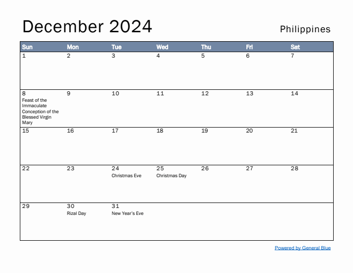 December 2024 Simple Monthly Calendar for Philippines