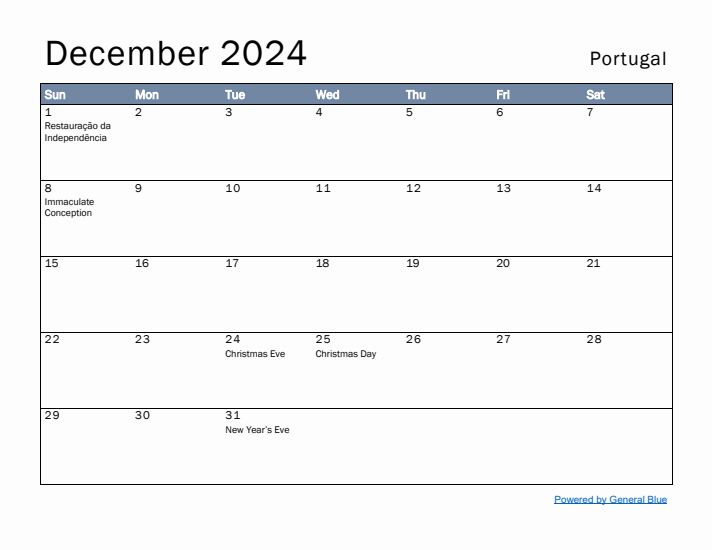 December 2024 Simple Monthly Calendar for Portugal