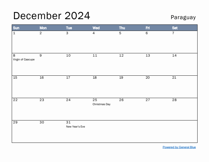 December 2024 Simple Monthly Calendar for Paraguay