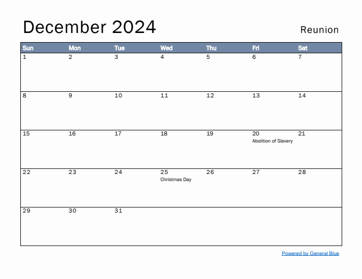 December 2024 Simple Monthly Calendar for Reunion