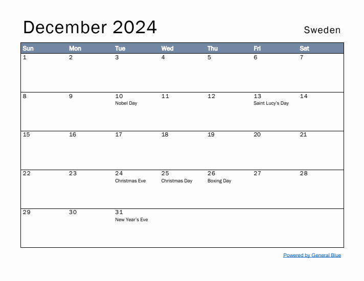 December 2024 Simple Monthly Calendar for Sweden