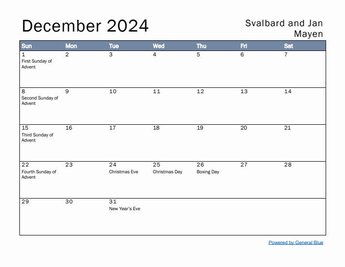 December 2024 Simple Monthly Calendar for Svalbard and Jan Mayen