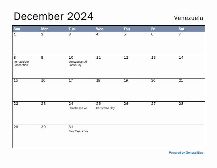 December 2024 Simple Monthly Calendar for Venezuela