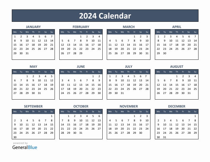 Basic Annual Calendar for Year 2024