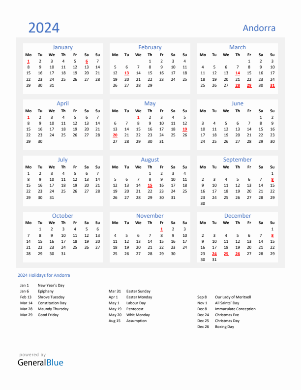 Basic Yearly Calendar with Holidays in Andorra for 2024 