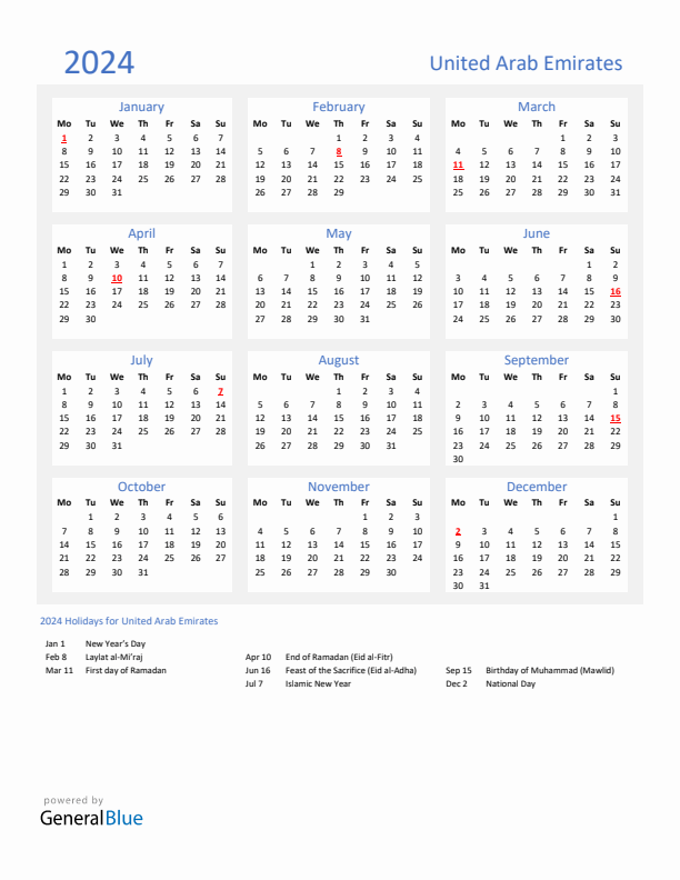 Basic Yearly Calendar with Holidays in United Arab Emirates for 2024 