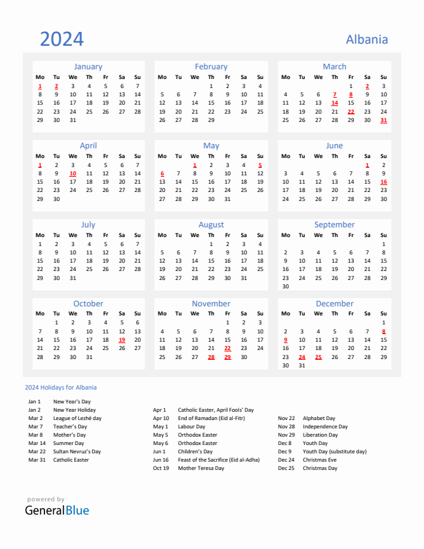 Basic Yearly Calendar with Holidays in Albania for 2024 