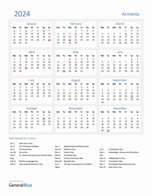 Basic Yearly Calendar with Holidays in Armenia for 2024 