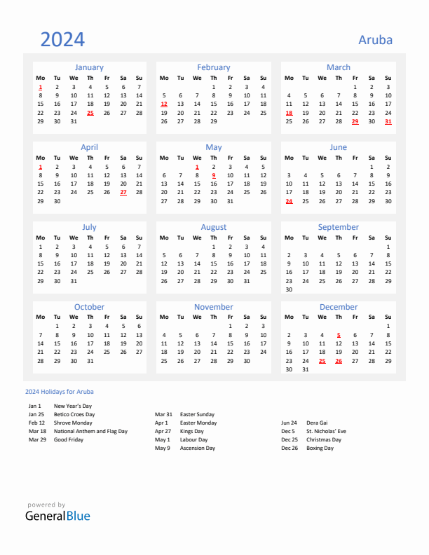 Basic Yearly Calendar with Holidays in Aruba for 2024 