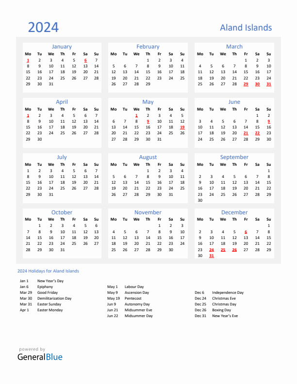 Basic Yearly Calendar with Holidays in Aland Islands for 2024 