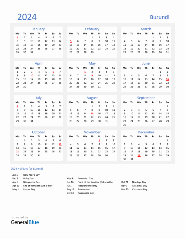 Basic Yearly Calendar with Holidays in Burundi for 2024 