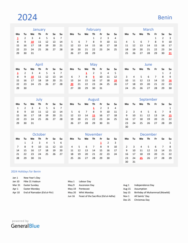 Basic Yearly Calendar with Holidays in Benin for 2024 