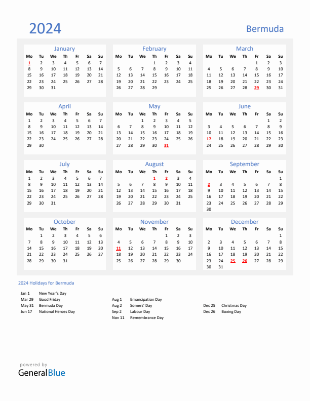 Basic Yearly Calendar with Holidays in Bermuda for 2024 