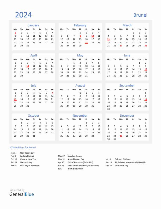 Basic Yearly Calendar with Holidays in Brunei for 2024 