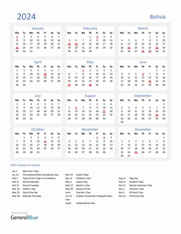 Basic Yearly Calendar with Holidays in Bolivia for 2024 