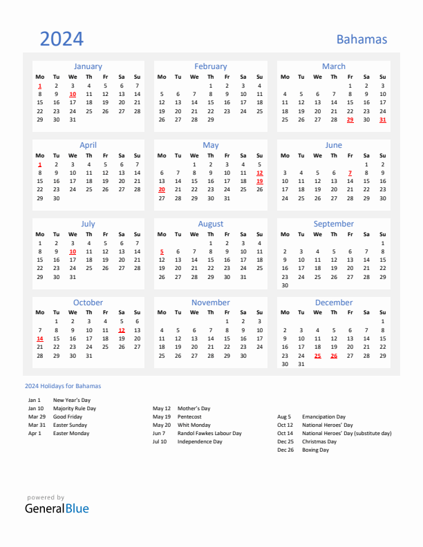 Basic Yearly Calendar with Holidays in Bahamas for 2024 