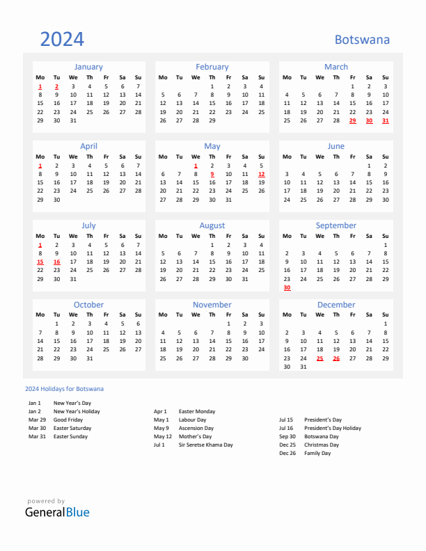 Basic Yearly Calendar with Holidays in Botswana for 2024 