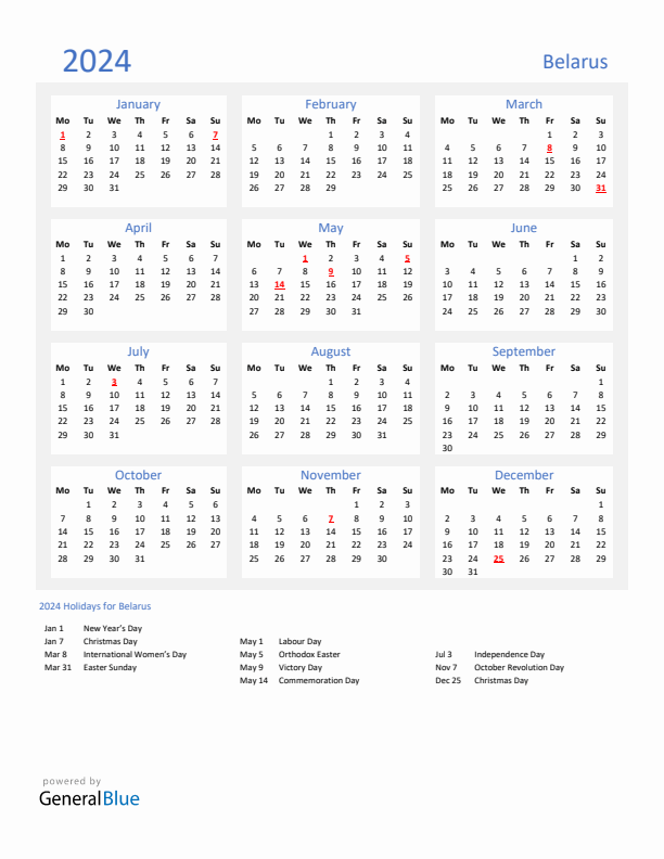 Basic Yearly Calendar with Holidays in Belarus for 2024 