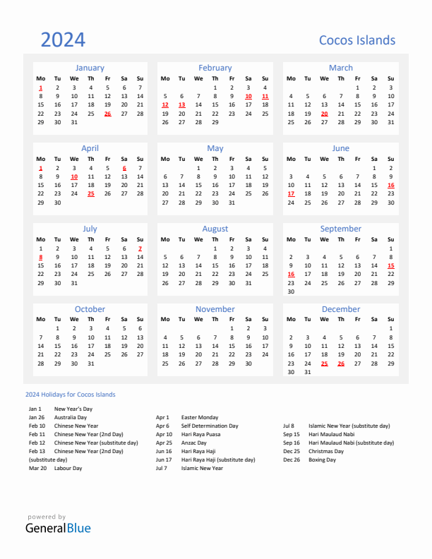 Basic Yearly Calendar with Holidays in Cocos Islands for 2024 