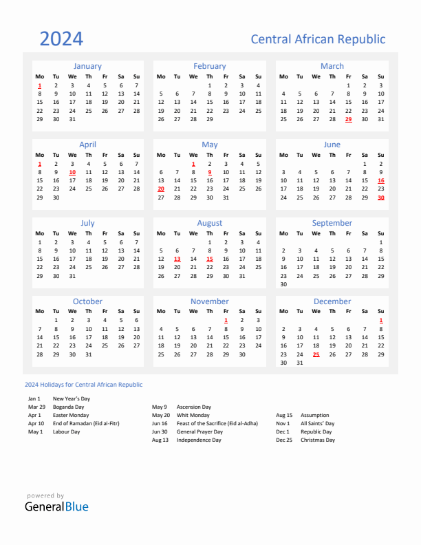 Basic Yearly Calendar with Holidays in Central African Republic for 2024 