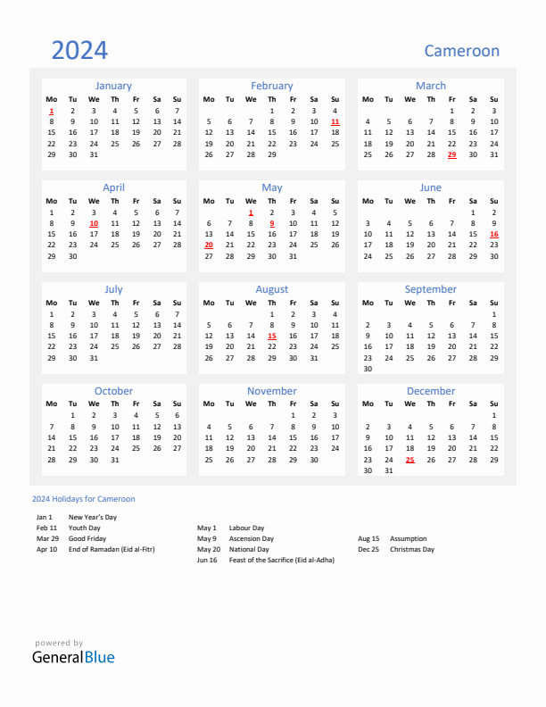 Basic Yearly Calendar with Holidays in Cameroon for 2024 