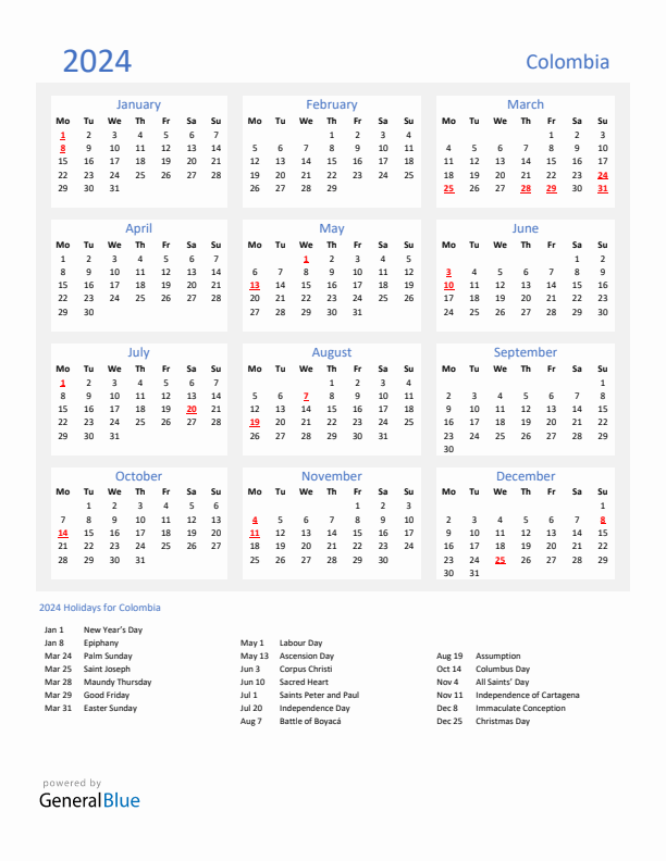 Basic Yearly Calendar with Holidays in Colombia for 2024 