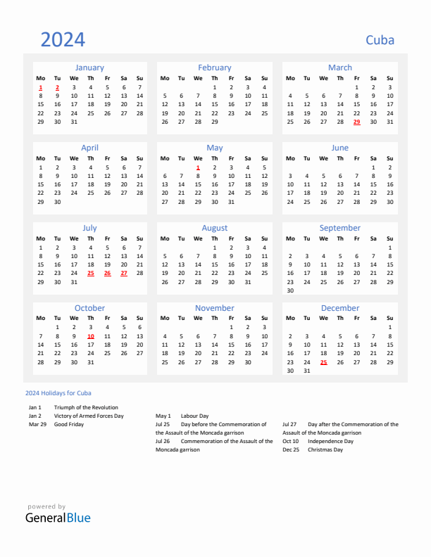 Basic Yearly Calendar with Holidays in Cuba for 2024 