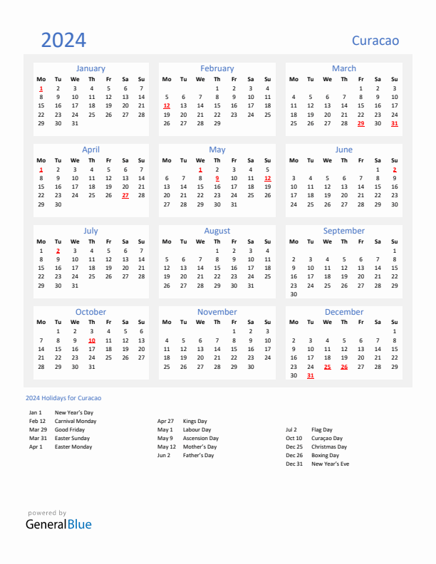 Basic Yearly Calendar with Holidays in Curacao for 2024 