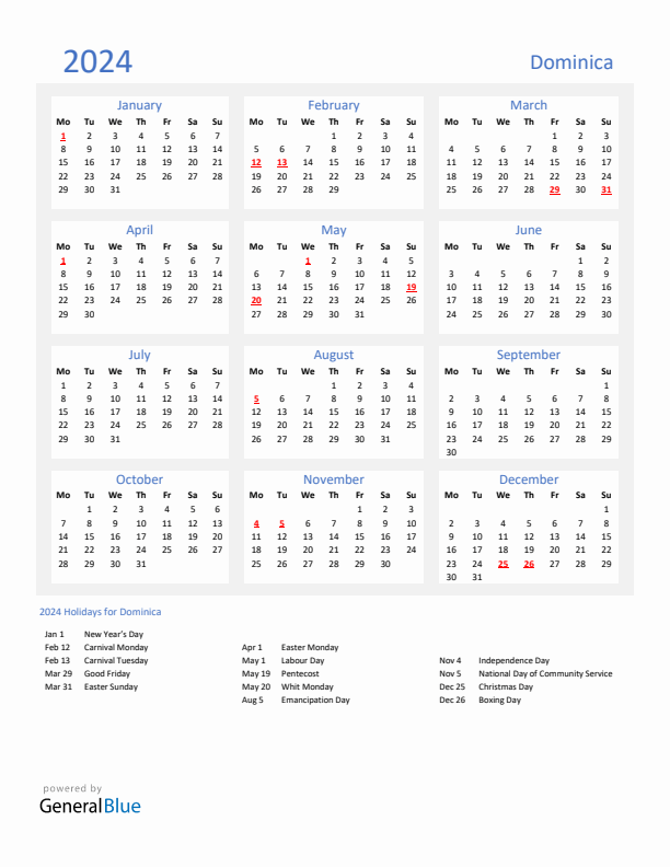 Basic Yearly Calendar with Holidays in Dominica for 2024 