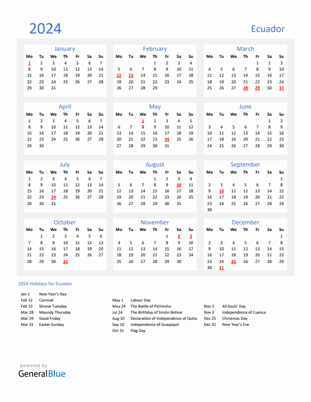 Basic Yearly Calendar with Holidays in Ecuador for 2024 