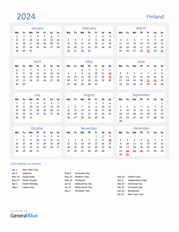 Basic Yearly Calendar with Holidays in Finland for 2024 