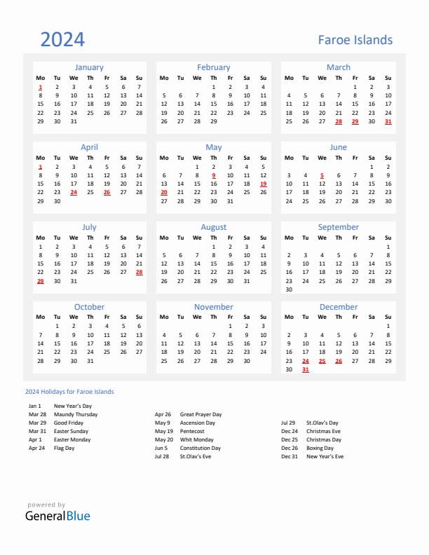 Basic Yearly Calendar with Holidays in Faroe Islands for 2024 