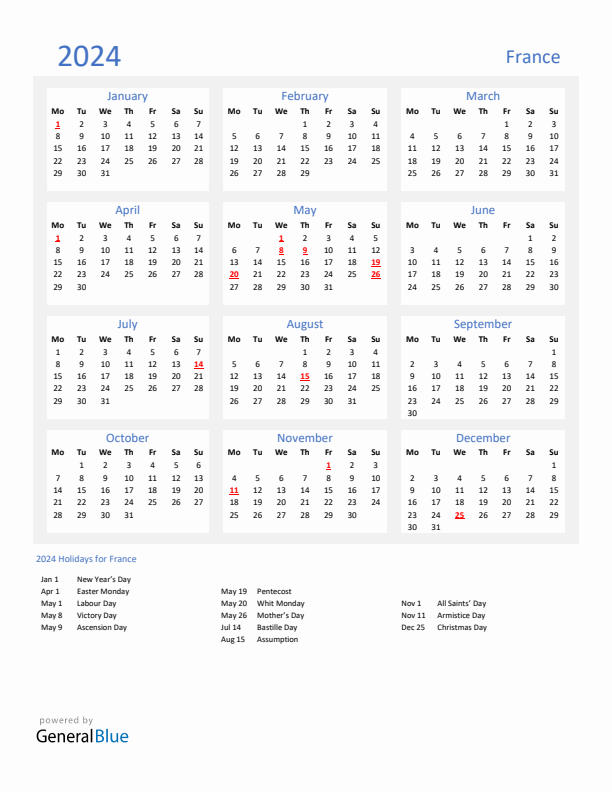 Basic Yearly Calendar with Holidays in France for 2024 