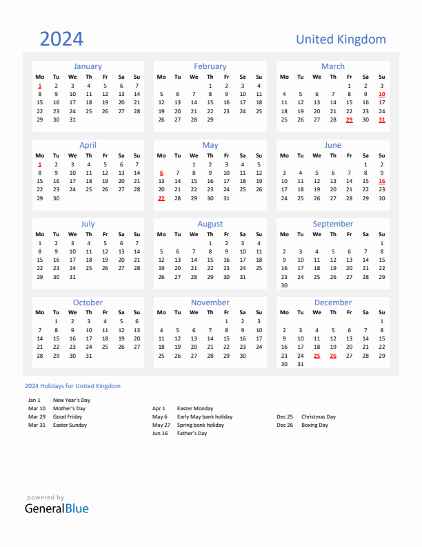 Basic Yearly Calendar with Holidays in United Kingdom for 2024 